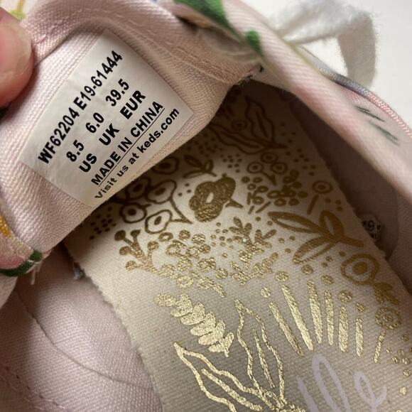 Keds Rifle Paper Co Pink Floral Sneakers Size 8.5 Womens Spring Lace Up Gold - Picture 3 of 7